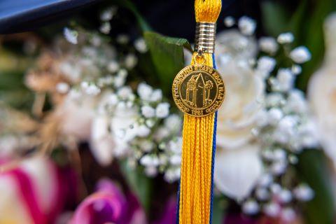 菠菜网lol正规平台 Blue & gold tassel with tower charm imaged with floral backdrop